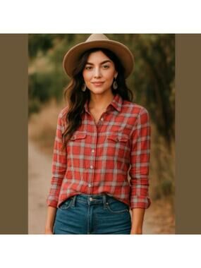 MADEWELL Red Plaid Cotton Button Down Shirt Top